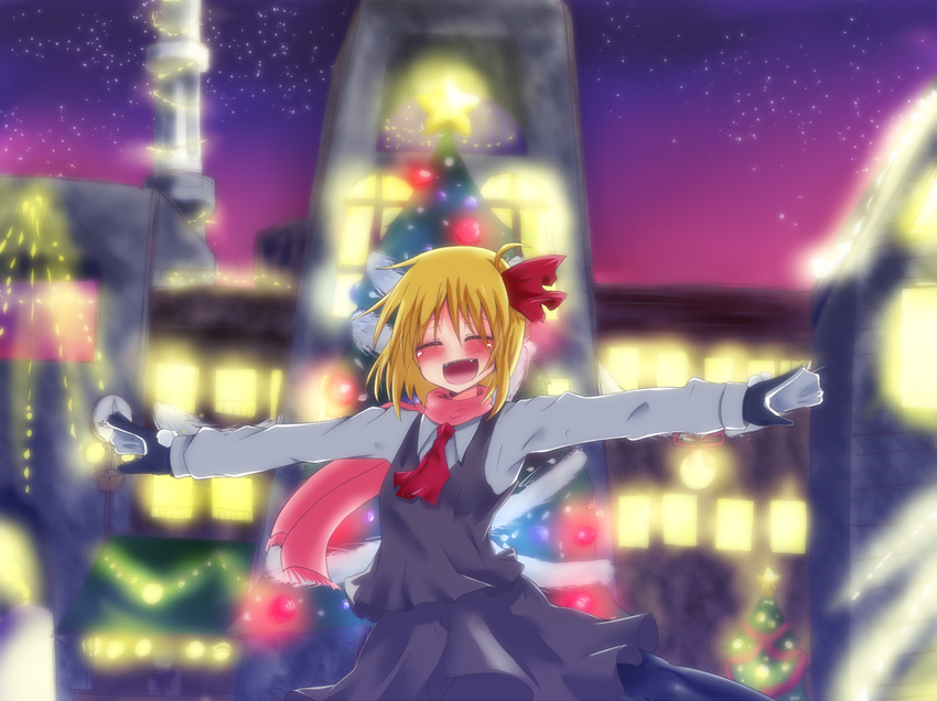 ^_^ blonde_hair blush building christmas closed_eyes fangs hair_ribbon mittens open_mouth outstretched_arms pillar ribbon rumia scarf short_hair skirt skirt_set solo spread_arms star takorice touhou tree