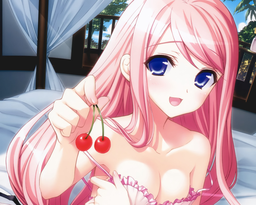 blue_eyes breast_hold cherry cleavage close kasukabe_akira long_hair pink_hair sakura_nanako sakura_sakura