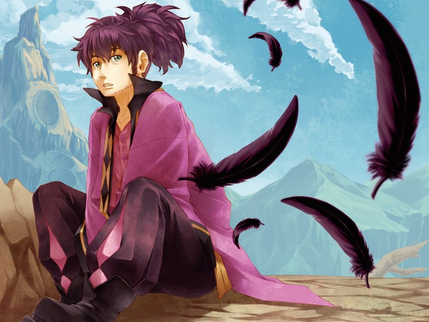 black_hair cloud coat day facial_hair feathers full_body green_eyes highres male_focus mitsuchi_mitch mountain pants ponytail raven_(tales) sitting sky solo stubble tales_of_(series) tales_of_vesperia