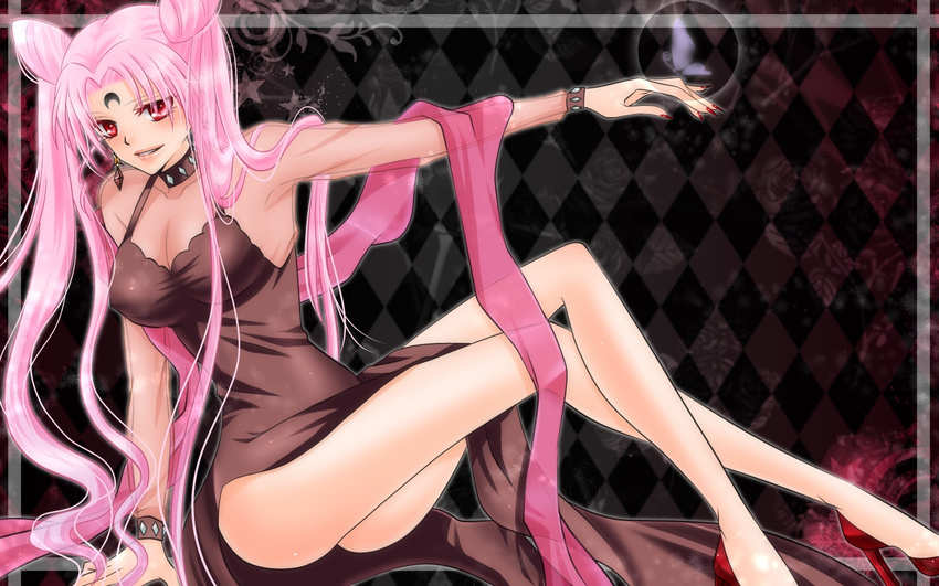 argyle argyle_background bad_id bad_pixiv_id bishoujo_senshi_sailor_moon black_lady breasts bug butterfly chibi_usa choker cleavage crescent_moon double_bun earrings facial_mark forehead_mark insect jewelry large_breasts long_hair miuhyou moon older outstretched_arm pink_hair red_eyes sash see-through shirt smile solo taut_clothes taut_shirt twintails