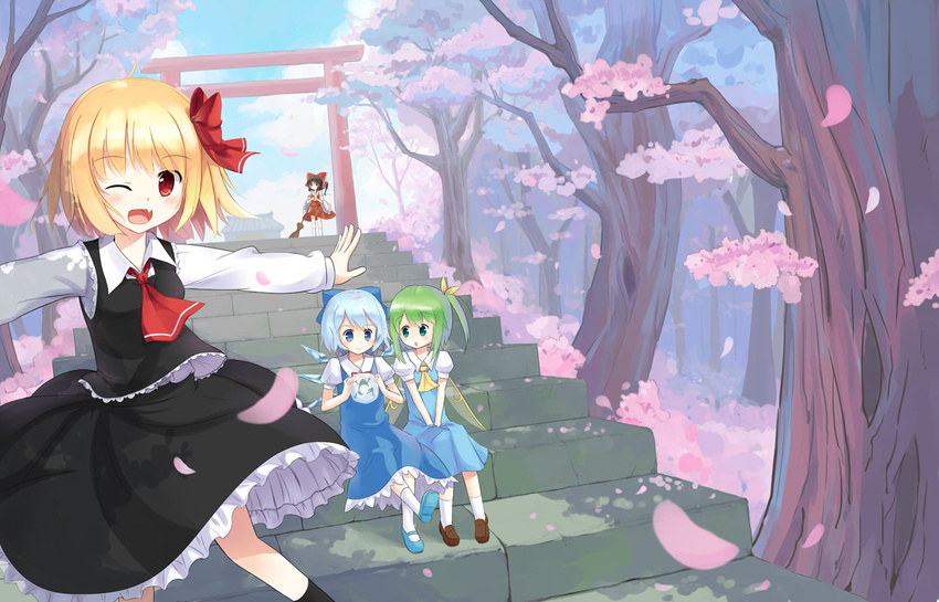 :&gt; ascot asymmetrical_hair bad_id bad_pixiv_id black_hair blonde_hair blue_eyes blue_hair bow broom cherry_blossoms cirno daiyousei eluthel fang frog green_eyes green_hair hair_bow hakurei_reimu ice looking_at_viewer mary_janes multiple_girls one_eye_closed open_mouth outstretched_arms red_eyes rumia shoes side_ponytail sitting smile spread_arms stairs torii touhou v_arms wings