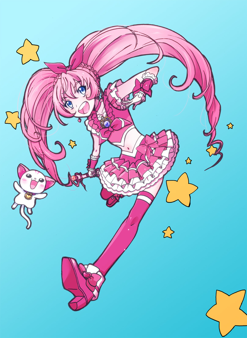 :d aqua_background blue_eyes bow braid cat choker cure_melody dress eyelashes frills full_body happy highres houjou_hibiki hummy_(suite_precure) long_hair magical_girl midriff miracle_belltier navel open_mouth pink_bow pink_choker pink_hair pink_legwear precure ribbon shoes smile star startoy suite_precure thighhighs twintails wand wrist_cuffs zettai_ryouiki