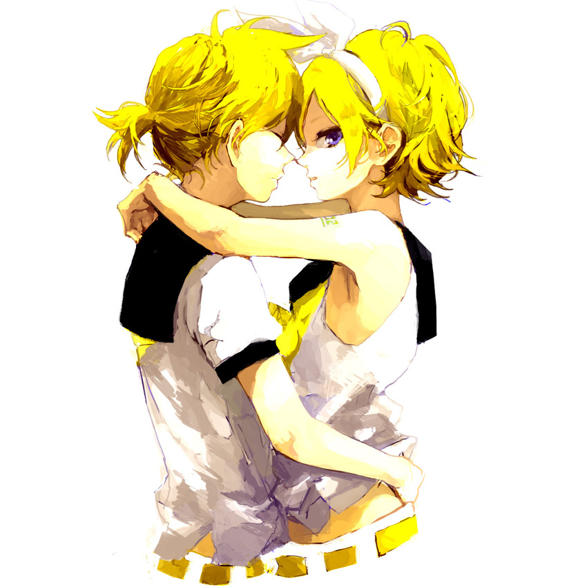 1girl blonde_hair blue_eyes brother_and_sister hair_ribbon highres hug kagamine_len kagamine_rin looking_at_viewer mitsui ribbon short_hair siblings simple_background twins vocaloid