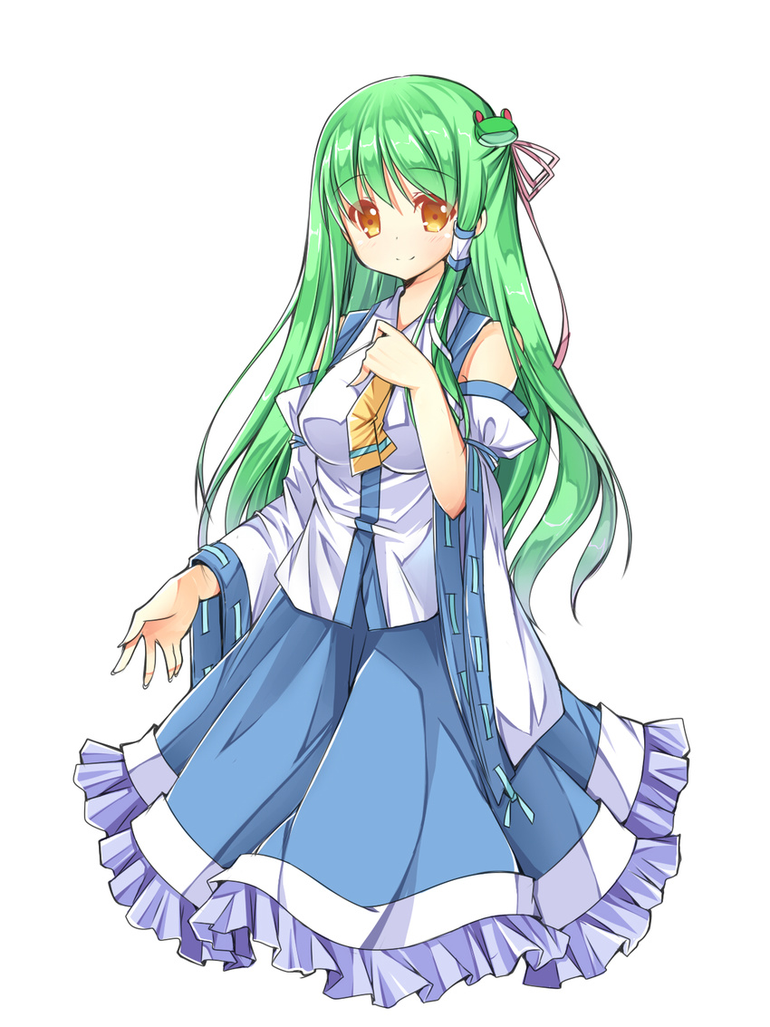 amemiya_ruki breasts detached_sleeves embellished_costume frog frog_hair_ornament green_hair hair_ornament hair_ribbon hair_tubes hand_on_own_chest highres kochiya_sanae lace long_hair medium_breasts necktie ribbon shirt simple_background skirt smile solo touhou white_background yellow_eyes