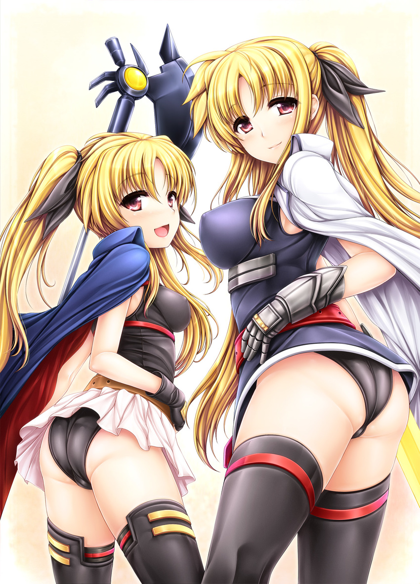 :d ass bardiche black_legwear black_panties blonde_hair blush breasts cape dual_persona fate_testarossa gauntlets hair_ribbon highres long_hair looking_at_viewer looking_back lyrical_nanoha mahou_shoujo_lyrical_nanoha mahou_shoujo_lyrical_nanoha_strikers mahou_shoujo_lyrical_nanoha_the_movie_1st medium_breasts multiple_girls older open_mouth panties red_eyes ribbon skirt small_breasts smile thighhighs time_paradox twintails underwear uni8 weapon younger