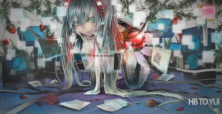 bad_id bad_pixiv_id computer flower green_eyes green_hair hatsune_miku hatsune_miku_(append) highres hologram holographic_monitor kneeling long_hair necktie petals rose solo transparent twintails utm vocaloid vocaloid_append