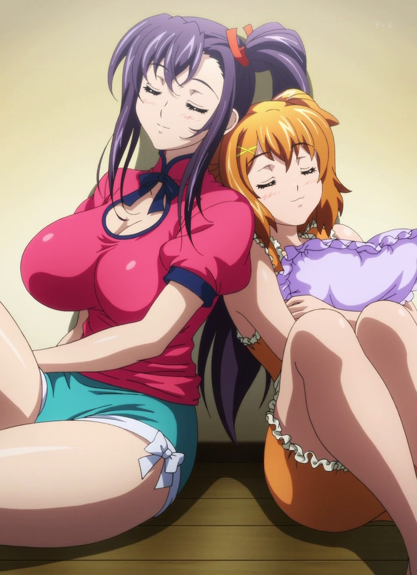 2girls amaya_haruko blush breasts cleavage eyes_closed female highres huge_breasts kushiya_inaho long_hair maken-ki! multiple_girls orange_hair ponytail purple_hair short_hair sleeping smile