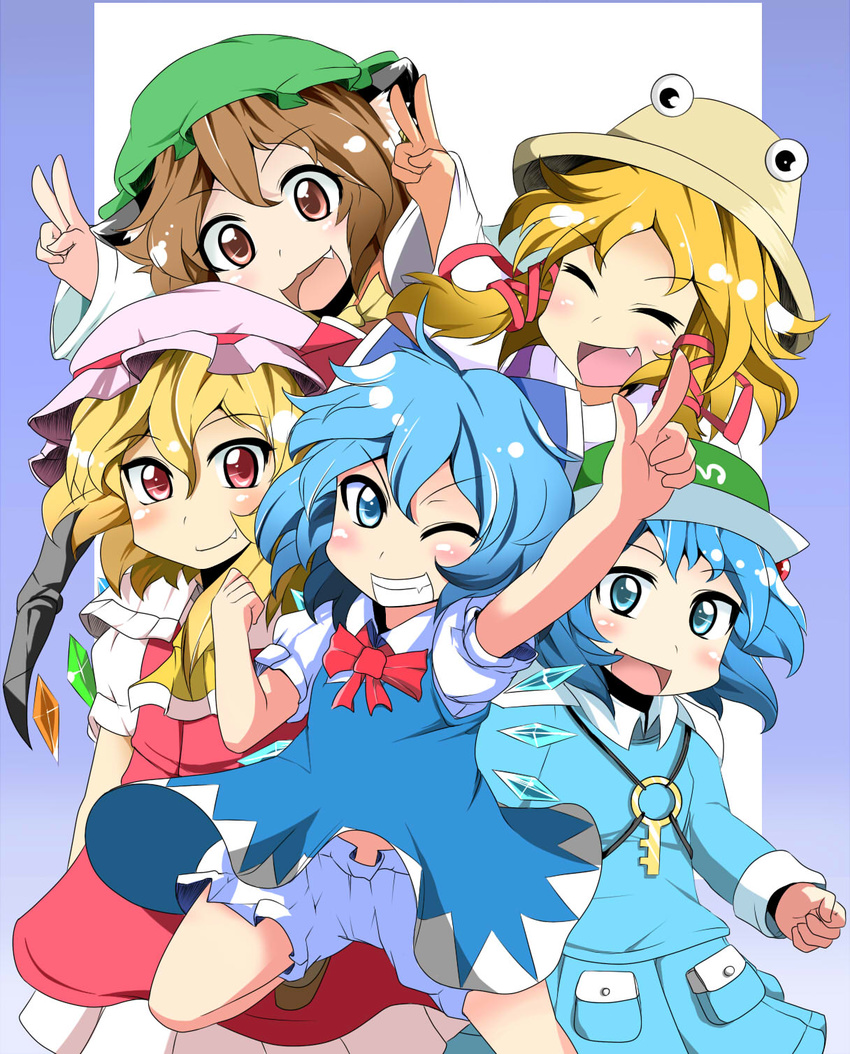 animal_ears aqua_dress arm_up ascot asymmetrical_hair blonde_hair bloomers blue_dress blue_eyes blue_hair blush bow brown_eyes brown_hair cat_ears chen chibi cirno closed_eyes dress fang flandre_scarlet grin hair_bow hair_ribbon hat highres kawashiro_nitori moriya_suwako multiple_girls one_eye_closed open_mouth oriennto pocket red_eyes ribbon shirt short_hair side_ponytail skirt skirt_set smile touhou two_side_up underwear upskirt victory_pose