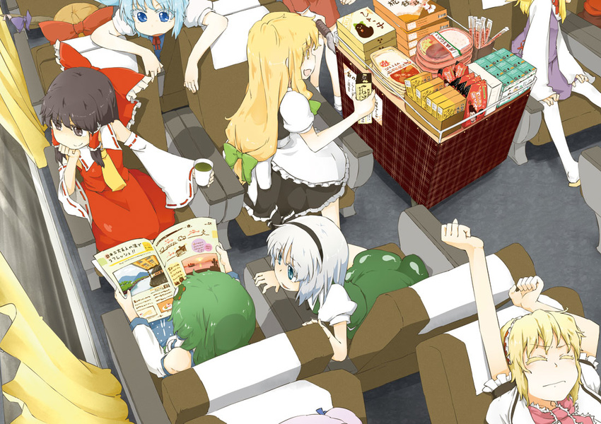 :d alice_margatroid apron arms_up ascot bare_shoulders black_eyes black_hair blonde_hair blue_eyes blue_hair bow box carrying chin_rest chopsticks cirno closed_eyes collaboration colored_eyelashes cup curtains detached_sleeves dress food frog frog_hair_ornament from_above galley_cart green_bow green_hair hair_bow hair_ornament hair_ribbon hair_tubes hairband hakurei_reimu hands_on_own_knees hat head_out_of_frame holding holding_cup horn_ribbon horns ibuki_suika inubashiri_momiji inubashiri_momiji_(wolf) kirisame_marisa kochiya_sanae konpaku_youmu lace long_hair long_sleeves looking_at_another looking_to_the_side low-tied_long_hair moriya_suwako multiple_girls no_hat no_headwear obentou open_mouth orange_hair outstretched_arm packet pamphlet patchouli_knowledge puffy_short_sleeves puffy_sleeves reading red_bow reiuji_utsuho reiuji_utsuho_(bird) ribbon ribbon-trimmed_sleeves ribbon_trim riwon_(junpei0122) serving_cart shiro_tsugumi shirt short_hair short_sleeves silver_hair sitting skirt skirt_set sleeveless sleeveless_shirt smile snack snake stewardess stretch tea touhou train_interior vest white_legwear wide_sleeves window yasaka_kanako yellow_eyes