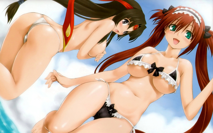 airi_(queen's_blade) ass bikini blush breasts cameltoe covering covering_breasts day frilled_bikini frills from_below highres large_breasts maid_bikini maid_headdress medium_breasts micro_bikini mitarashi_kousei multiple_girls open_mouth outdoors queen's_blade shiny shiny_skin side-tie_bikini string_bikini swimsuit thigh_gap tomoe topless twintails underboob