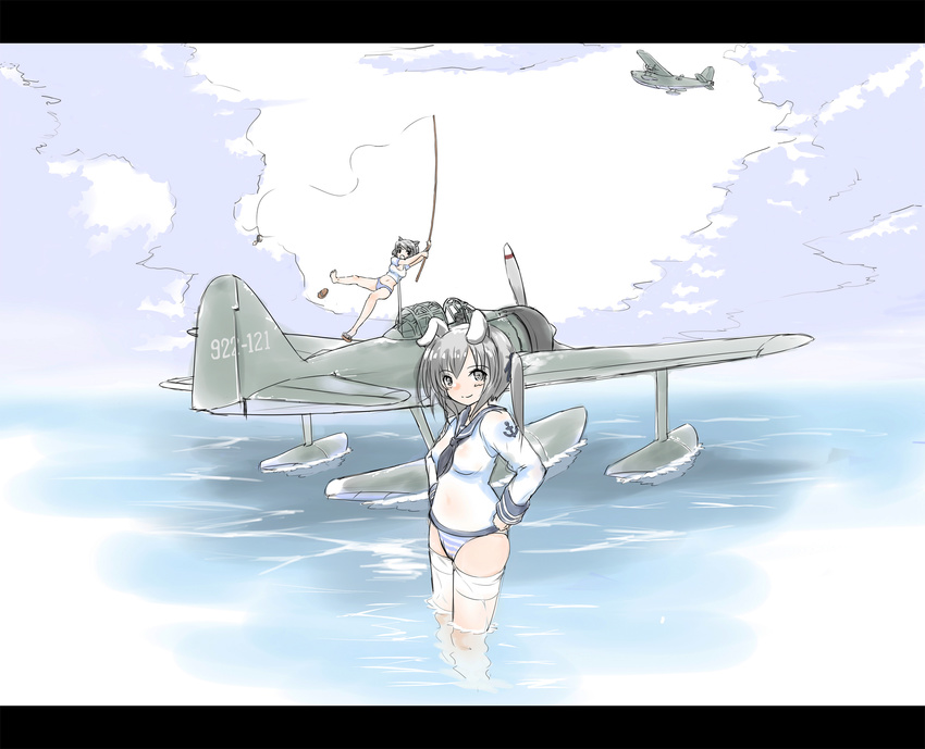 a6m2-n a6m_zero aircraft airplane animal_ears fishing fishing_rod h8k highres holding holding_fishing_rod hu_sea letterboxed military military_uniform multiple_girls panties seaplane smile striped striped_panties thighhighs underwear uniform wet world_war_ii world_witches_series