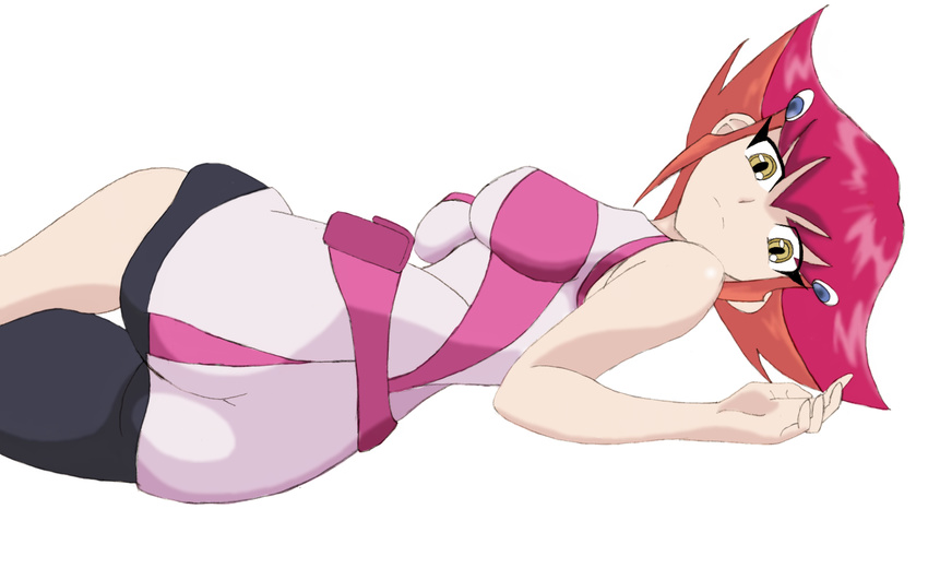 ass belt bike_shorts breasts hair_ornament highres kouzuki_anna kozuki_anna_(yugioh_zexal) large_breasts lying lying_down multicolored_hair orange_hair red_hair short_hair skin_tight skintight yellow_eyes yu-gi-oh! yugioh_zexal yuu-gi-ou_zexal