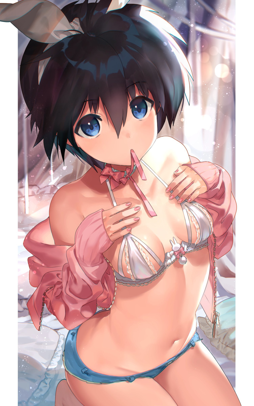 animal_ears bare_legs bare_shoulders barefoot black_hair blue_eyes blue_shorts blurry bow bra breasts bunny_ears collarbone commentary_request cropped_jacket cutoffs depth_of_field eyebrows_visible_through_hair fingernails genderswap genderswap_(mtf) hair_between_eyes hands_on_own_chest highres houshin_engi jacket kneeling light_particles looking_at_viewer micro_shorts mimoza_(96mimo414) mouth_hold nail_polish navel pillow pink_bow pink_jacket pink_nails pink_ribbon ribbon short_hair shorts small_breasts solo stomach taikoubou underwear white_bra