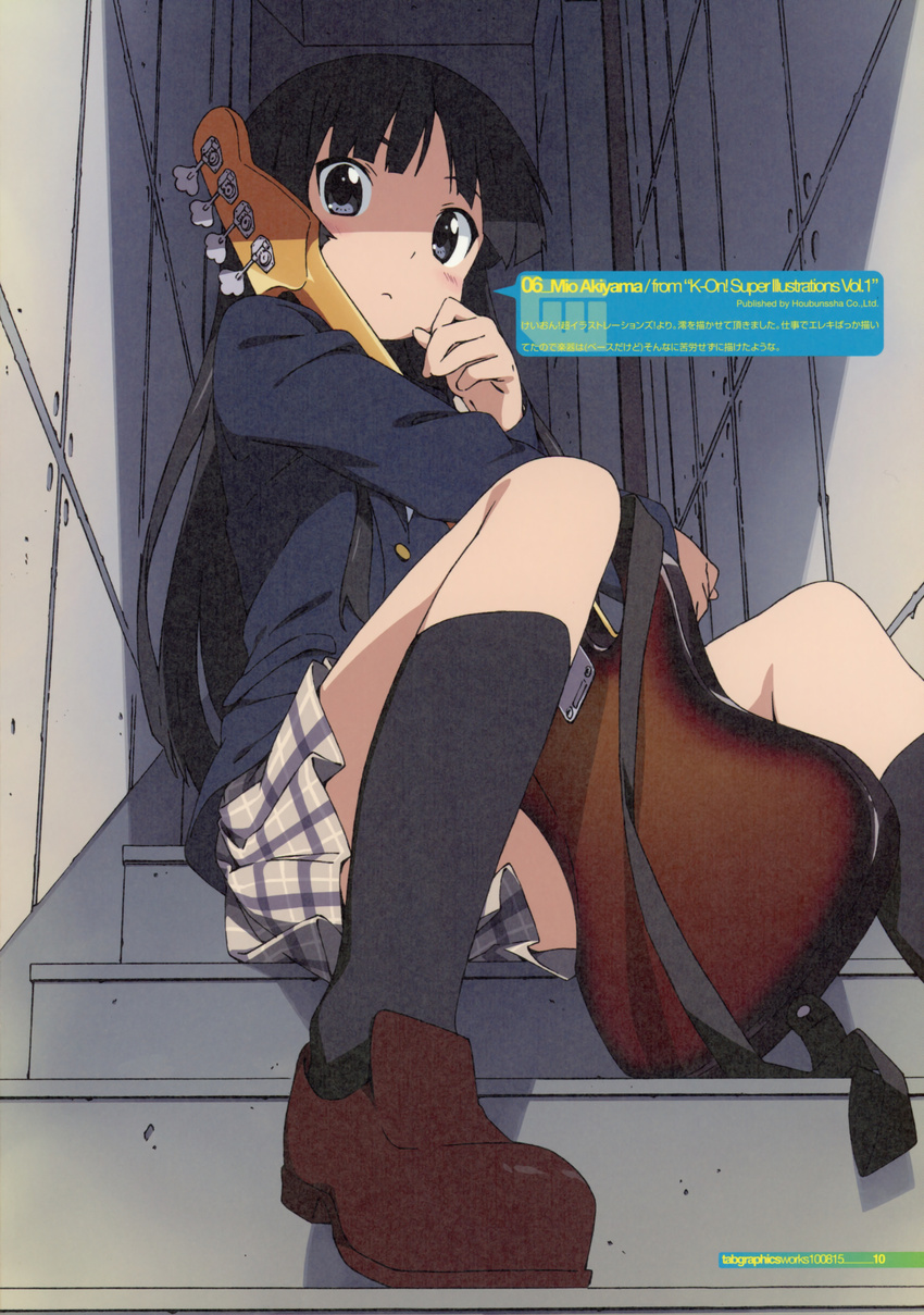 absurdres akiyama_mio bangs bass_guitar black_hair black_legwear blazer blue_eyes blunt_bangs blush from_below highres instrument jacket k-on! kanzaki_hiro kneehighs long_hair looking_at_viewer looking_down plaid plaid_skirt scan school_uniform sitting sitting_on_stairs skirt socks solo stairs staring tabgraphics