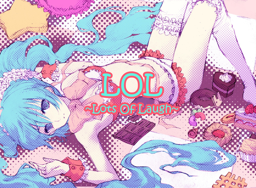 blue_eyes blue_hair bow bowtie bra cake candy chocolate chocolate_bar cupcake doughnut food frills fruit halftone hatsune_miku highres jelly_bean legs lilithbloody lingerie long_hair lots_of_laugh_(vocaloid) lying panties slice_of_cake solo strawberry strawberry_shortcake sweets thighhighs twintails underwear very_long_hair vocaloid wrist_cuffs