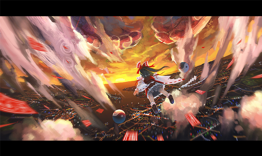 bad_id bad_pixiv_id bow brown_hair city cloud contemporary detached_sleeves flying hair_bow hakurei_reimu hands letterboxed ofuda seeker short_hair sky solo sunset touhou unzan yin_yang