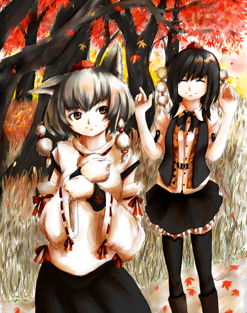 absurdres animal_ears autumn black_hair black_legwear closed_eyes detached_sleeves grey_hair hat highres inubashiri_momiji leaf maple_leaf maruto-b multiple_girls orange_eyes shameimaru_aya silver_hair thighhighs tokin_hat touhou white_hair wolf_ears