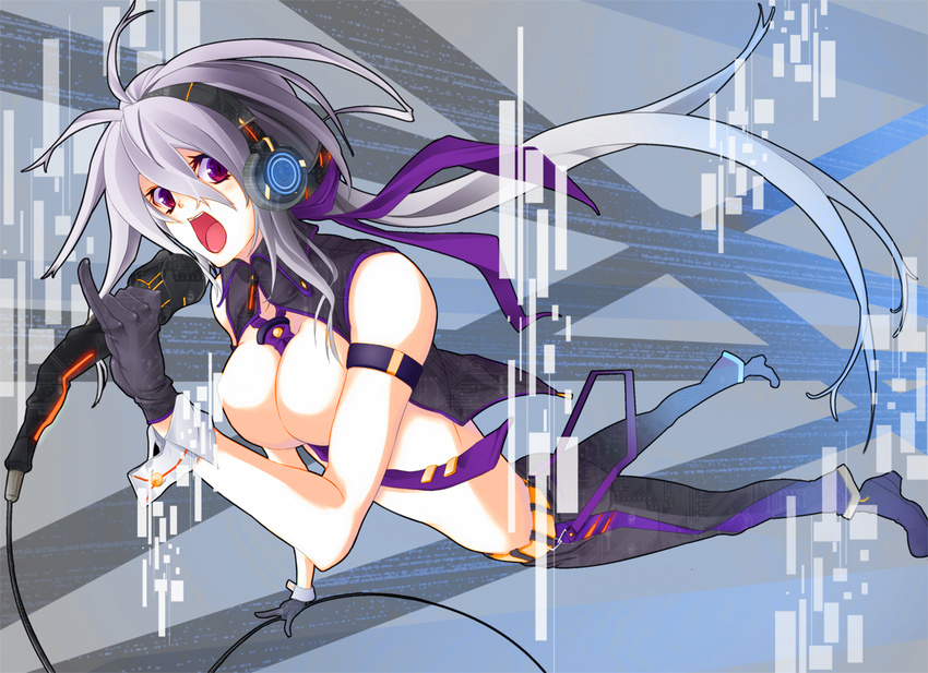 bad_id bad_pixiv_id breasts cleavage gloves headphones large_breasts long_hair microphone minoinomi music necktie open_mouth pinky_out ponytail purple_eyes silver_hair singing solo very_long_hair vocaloid yowane_haku
