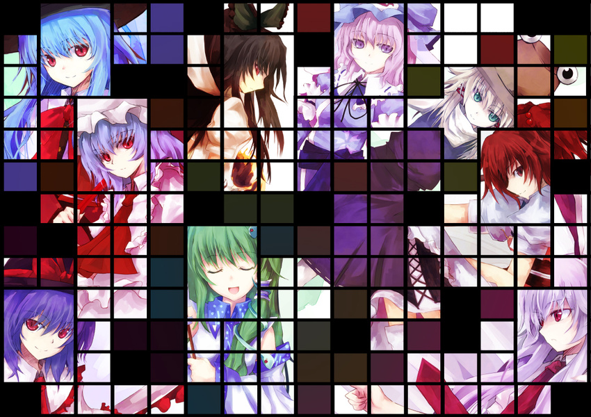 asagi_(kabocha_oukoku) bad_id bad_pixiv_id closed_eyes grid hinanawi_tenshi kochiya_sanae light_smile moriya_suwako multiple_girls nagae_iku onozuka_komachi reisen_udongein_inaba reiuji_utsuho remilia_scarlet saigyouji_yuyuko touhou