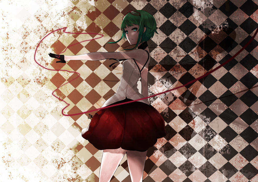 black_gloves fashion glasses gloves green_eyes green_hair gumi half_gloves mille_(dieci) pantyhose red_string short_hair short_hair_with_long_locks sidelocks skirt solo string uso_to_diamond_(vocaloid) vocaloid