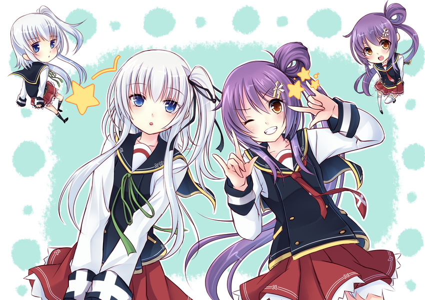 7gear \m/ absurdres bad_id bad_pixiv_id blue_eyes brown_eyes chibi dual_persona grin hair_ornament hairclip hatachi highres long_hair multiple_girls one_eye_closed open_mouth original ponytail purple_hair ribbon school_uniform side_ponytail skirt smile standing standing_on_one_leg white_hair