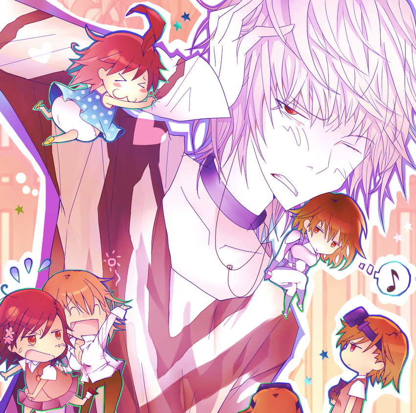 &gt;_&lt; 6+girls :3 accelerator ahoge bad_id bad_pixiv_id brown_hair cat chibi closed_eyes family highres kanata_(mizubenisumutori) last_order misaka_imouto misaka_mikoto misaka_misuzu misaka_worst multiple_girls short_hair to_aru_majutsu_no_index white_hair x3