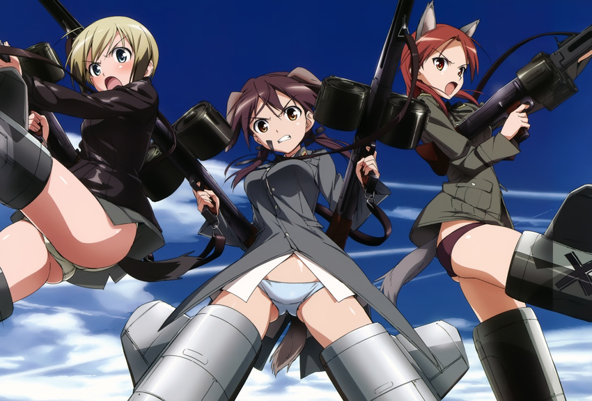 :o absurdres ahoge angry animal_ears ass ass_visible_through_thighs back-to-back bangs black_hair blue_eyes blue_panties blush brown_eyes buttons clenched_teeth cloud day dog_ears dog_tail drum_magazine dual_wielding erica_hartmann fighting_stance flying gertrud_barkhorn groin gun hair_ribbon highres holding long_hair long_sleeves looking_at_viewer low_twintails lowleg lowleg_panties machine_gun mecha_musume mg42 military military_uniform minna-dietlinde_wilcke multicolored_hair multiple_girls navel no_pants official_art open_mouth outdoors panties purple_hair purple_panties red_eyes red_hair ribbon scan shirt short_hair silver_hair sky spread_legs strap strike_witches striker_unit tail takamura_kazuhiro teeth twintails two-tone_hair underwear uniform v-shaped_eyebrows weapon white_panties wolf_ears world_witches_series