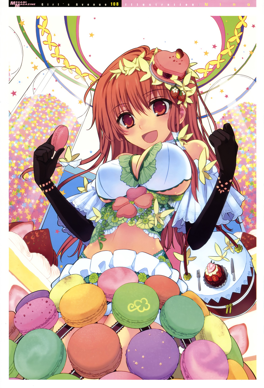 :d absurdres black_gloves breasts cake candy cleavage elbow_gloves food food_as_clothes from_below fruit girl's_avenue gloves highres jar konpeitou large_breasts long_hair looking_down macaron megami ninomoto non-web_source open_mouth red_eyes red_hair smile solo strawberry