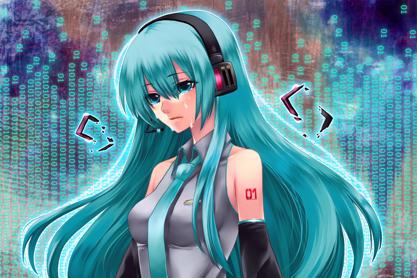 hatsune_miku headphones nezu tears tie vocaloid