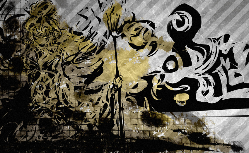 abstract bad_id bad_pixiv_id brown f7(eiki) fire flame grey_background monochrome short_hair sidelocks simple_background smoke solo toramaru_shou touhou