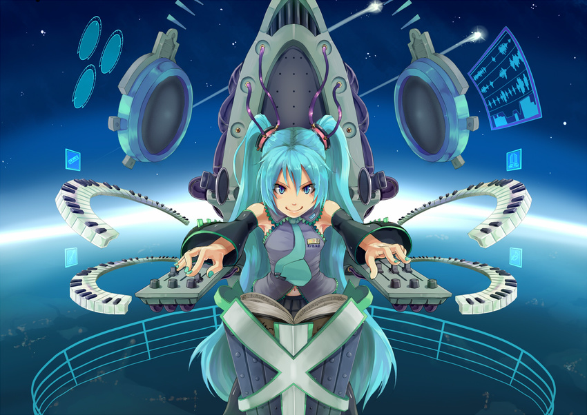 aqua_eyes aqua_hair aqua_nails armpits bad_id bad_pixiv_id bare_shoulders blue_eyes cockpit detached_sleeves hatsune_miku hiiragi_shou hiiragi_tadashi instrument long_hair midriff nail_polish navel necktie piano_keys sitting smile solo twintails very_long_hair vocaloid