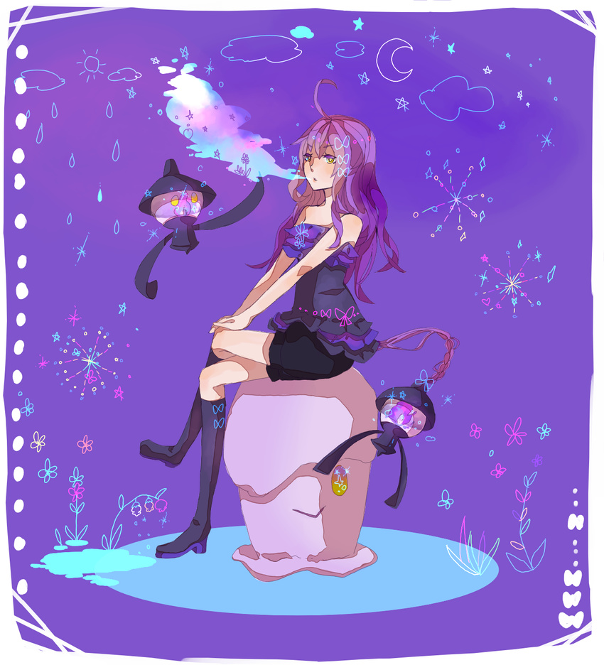 blue_fire boots coara crossed_legs fire flame gen_5_pokemon highres knee_boots lampent litwick moemon personification pokemon purple purple_background purple_hair sitting smoke solo yellow_eyes