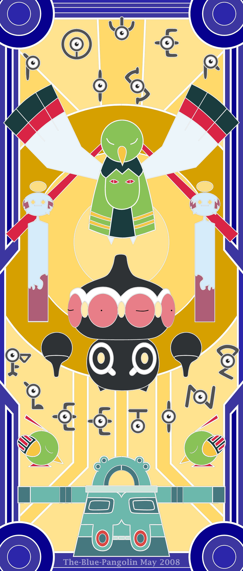 bronzong chimecho claydol closed_eyes english gen_2_pokemon gen_3_pokemon gen_4_pokemon highres native_american natu no_humans pokemon pokemon_(creature) the-blue-pangolin unown unownglyphics xatu