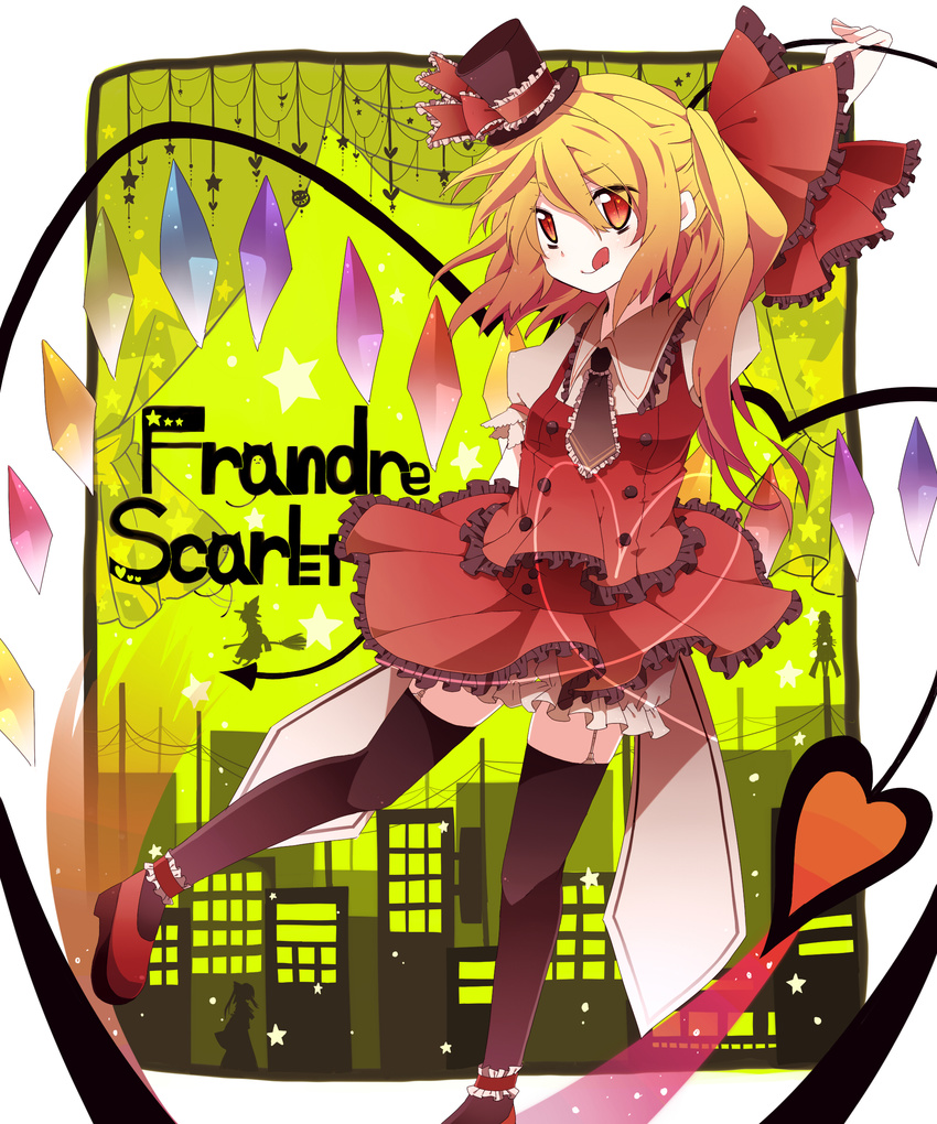 :q absurdres bad_id bad_pixiv_id black_legwear blonde_hair bow character_name cityscape engrish flandre_scarlet fujisaki_miyabi hair_bow hakurei_reimu hat heart highres izayoi_sakuya kirisame_marisa large_wings licking_lips long_hair mini_hat mini_top_hat ranguage red_eyes short_hair side_ponytail smile solo thighhighs tongue tongue_out top_hat touhou wings zettai_ryouiki