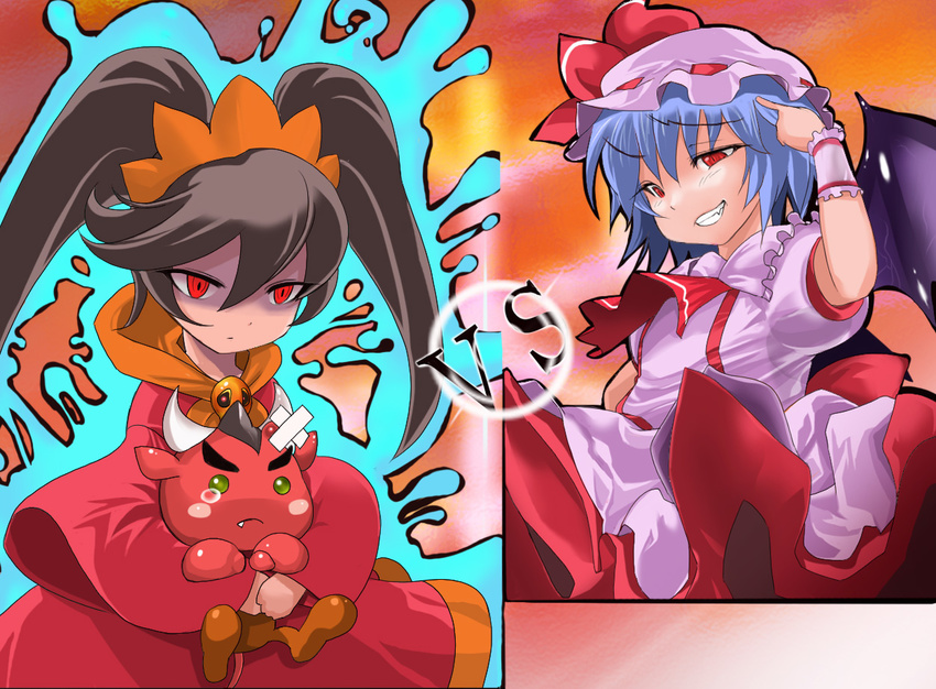 ashley_(warioware) aura bat_wings black_hair blue_hair commentary_request crossover dress grin hat horns mokomoko_yanakku multiple_girls red_(warioware) red_eyes remilia_scarlet smile sneer touhou twintails vs warioware wings