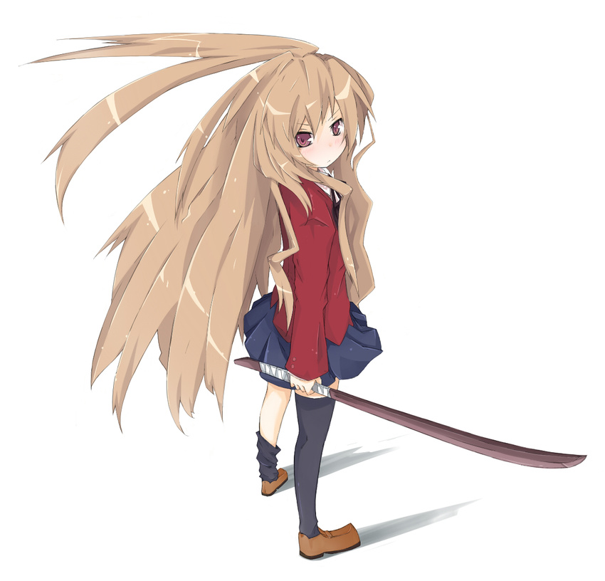 aisaka_taiga artist_request big_hair bokken highres long_hair school_uniform solo sword thighhighs toradora! very_long_hair weapon wooden_sword