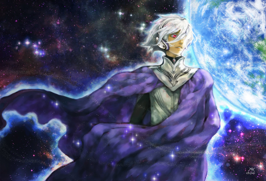 albino cape earth headphones male_focus pink_eyes soldier_blue solo space toward_the_terra white_hair yamyanm.k