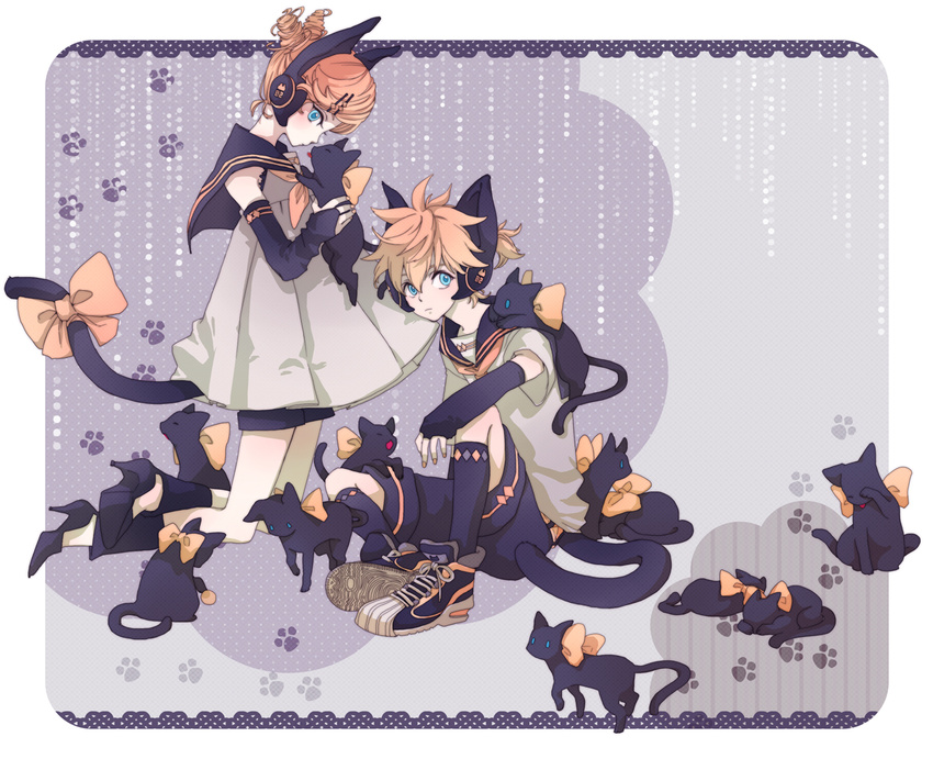 1girl animal_ears blonde_hair blue_eyes bow brother_and_sister cat cat_ears detached_sleeves hair_ornament hairclip headphones kagamine_len kagamine_rin mozzu ribbon shoes short_hair siblings sitting too_many too_many_cats twins vocaloid