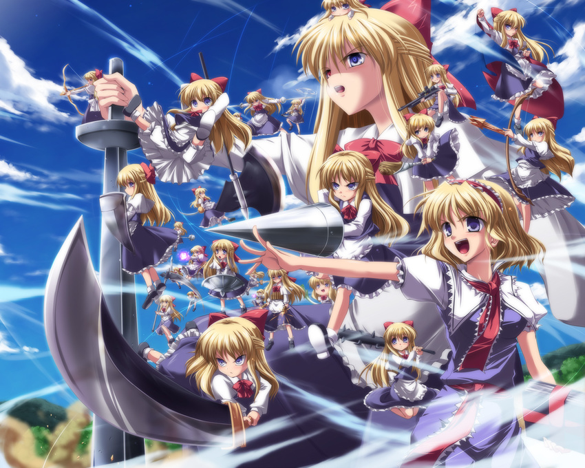 alice_margatroid alternate_weapon apron arrow axe battle_axe blonde_hair bloomers blue_eyes bokusatsu_tenshi_dokuro-chan bomb_belt bow_(weapon) club cutlass_(sword) energy_ball excalibolg giantess goliath_doll gun hair_ribbon hairband heterochromia kusarigama lance polearm rapier ribbon rifle scimitar scythe shanghai_doll shield sickle sniper_rifle solo spiked_club spring_onion subaru_noji sword touhou underwear weapon yukkuri_shiteitte_ne