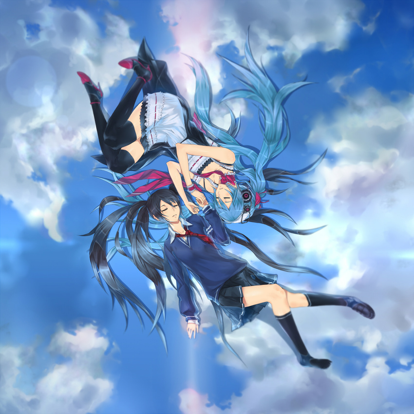 2girls aqua_hair black_hair closed_eyes cloud day dress dual_persona frills hatsune_miku high_heels highres holding_hands legs long_hair monochro_blue_sky_(vocaloid) multiple_girls necktie rotational_symmetry school_uniform shoes skirt sky sweater thighhighs twintails vocaloid