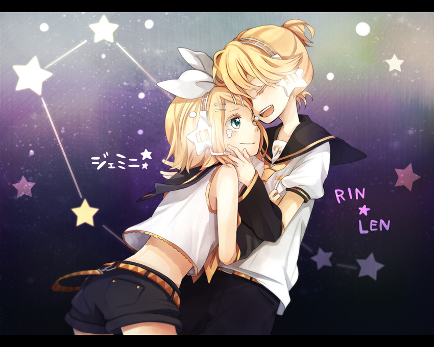 1girl blonde_hair blue_eyes brother_and_sister closed_eyes constellation detached_sleeves gemini_(vocaloid) hair_ribbon headphones headset hug kagamine_len kagamine_rin letterboxed midriff necktie one_eye_closed ribbon short_hair shorts siblings star tama_(songe) tears twins vocaloid