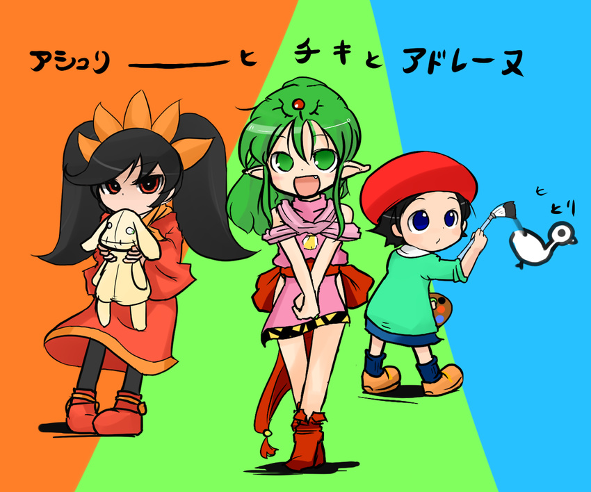 adeleine art_brush ashley_(warioware) bird black_hair blue_eyes chiki company_connection dress fang fire_emblem fire_emblem:_monshou_no_nazo green_eyes green_hair kirby_(series) kirby_64 long_hair mamkute multiple_girls open_mouth paintbrush palette pantyhose pointy_ears red_eyes short_hair skirt stuffed_animal stuffed_toy super_smash_bros. translated turuga twintails warioware