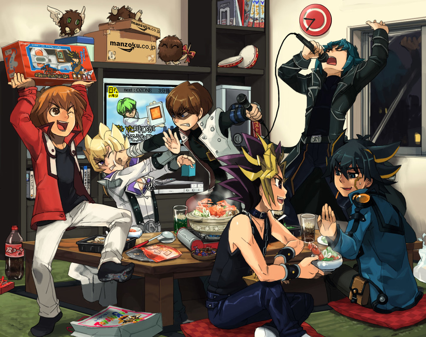 amazon_(company) arms_up black_hair blonde_hair blue_eyes brand_name_imitation brown_eyes brown_hair card_pendant chain chain_necklace choker coca-cola duel_disk duel_monster food fudou_yuusei green_eyes green_hair jack_atlas jacket jewelry kaiba_noah kaiba_seto karaoke kuriboh kuribon male_focus marufuji_ryou mayday microphone monster multicolored_hair multiple_boys music mutou_yuugi necklace one_eye_closed open_mouth parody punching purple_hair singing sitting smile socks soda spiked_hair toys_r_us winged_kuriboh wrist_cuffs yuu-gi-ou yuu-gi-ou_5d's yuu-gi-ou_duel_monsters yuu-gi-ou_gx yuuki_juudai