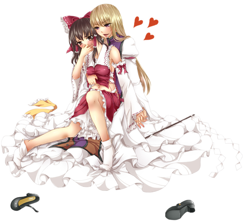 bad_id bad_pixiv_id barefoot blush bow covering_mouth frills gathers geike gohei hair_bow hakurei_reimu hand_over_own_mouth heart high_heels highres holding_hands mary_janes midriff multiple_girls navel no_hat no_headwear shirt_lift shoes sitting sitting_on_lap sitting_on_person sock_pull socks touhou yakumo_yukari yuri