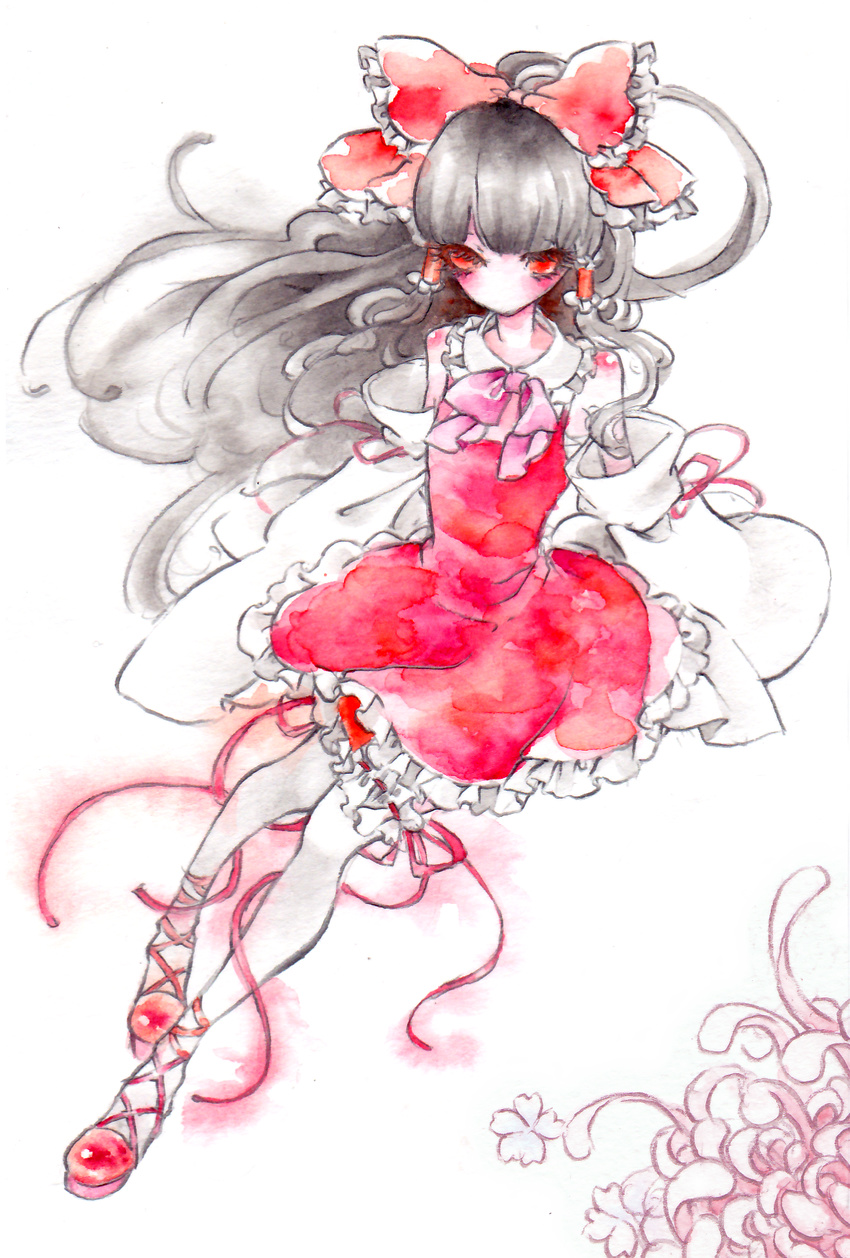 ankle_lace-up bare_shoulders black_hair cross-laced_footwear detached_sleeves eyelashes frills hair_ribbon hakurei_reimu highres leg_garter legs long_hair looking_down miri_(tobira_no_mukou) no_nose orange_eyes ribbon solo touhou traditional_media watercolor_(medium) wide_sleeves