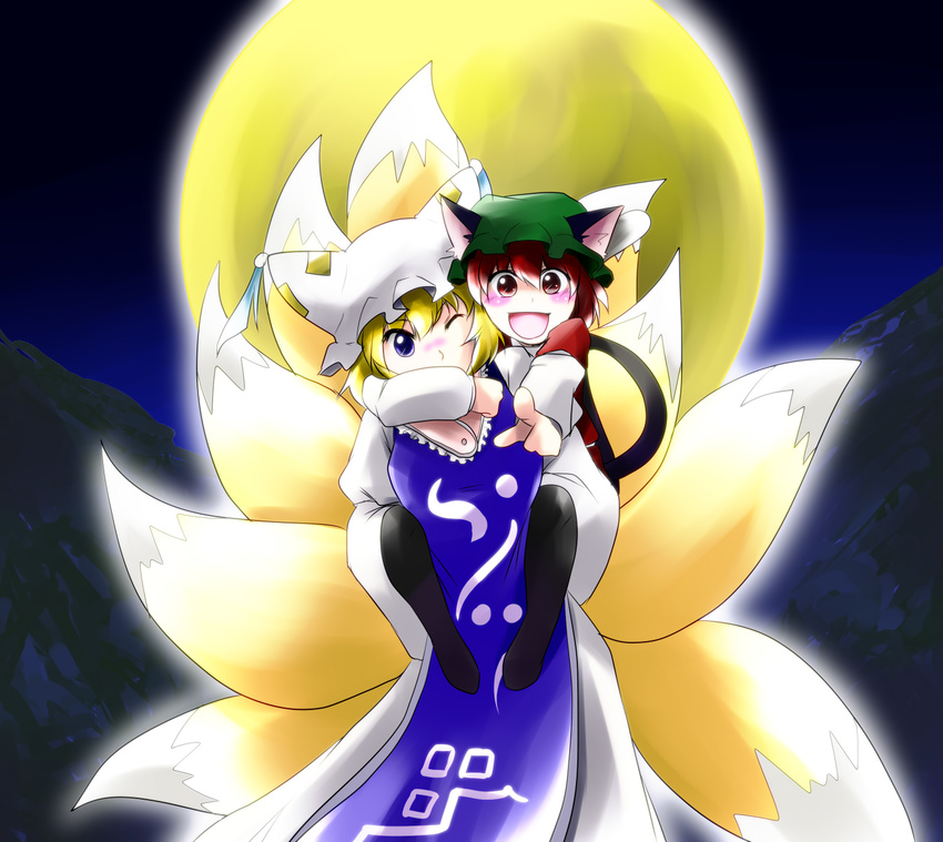 :d animal_ears blonde_hair blue_eyes brown_eyes brown_hair carrying cat_ears cat_tail chen fox_tail hat highres moon multiple_girls multiple_tails one_eye_closed open_mouth piggyback pointing short_hair smile surcoat tail touhou yakumo_ran yume_shokunin