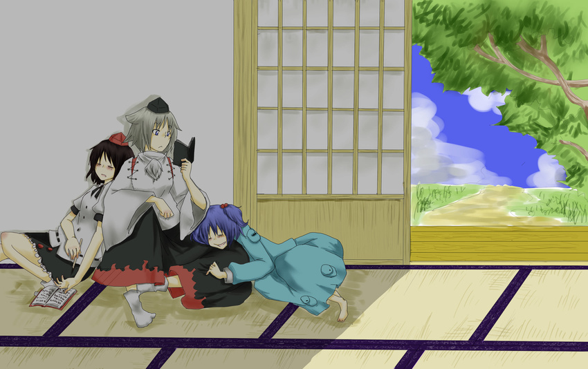 absurdres barefoot book hat highres inubashiri_momiji kamejiro_(sasakame) kawashiro_nitori multiple_girls reading shameimaru_aya sleeping touhou two_side_up