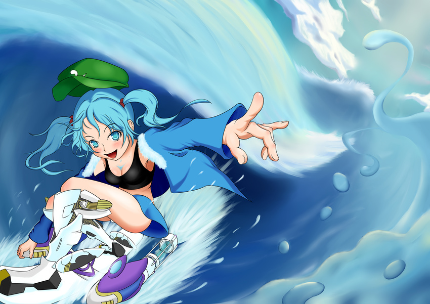 absurdres blue_eyes blue_hair breasts cleavage crop_top foreshortening hair_bobbles hair_ornament hat highres jacket kawashiro_nitori medium_breasts nito_koma open_clothes open_jacket science_fiction short_hair solo surfboard surfing tank_top touhou twintails water waves