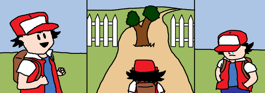bad_anatomy baseball_cap comic fence hat pokemon red_(pokemon) sad tears tree truth