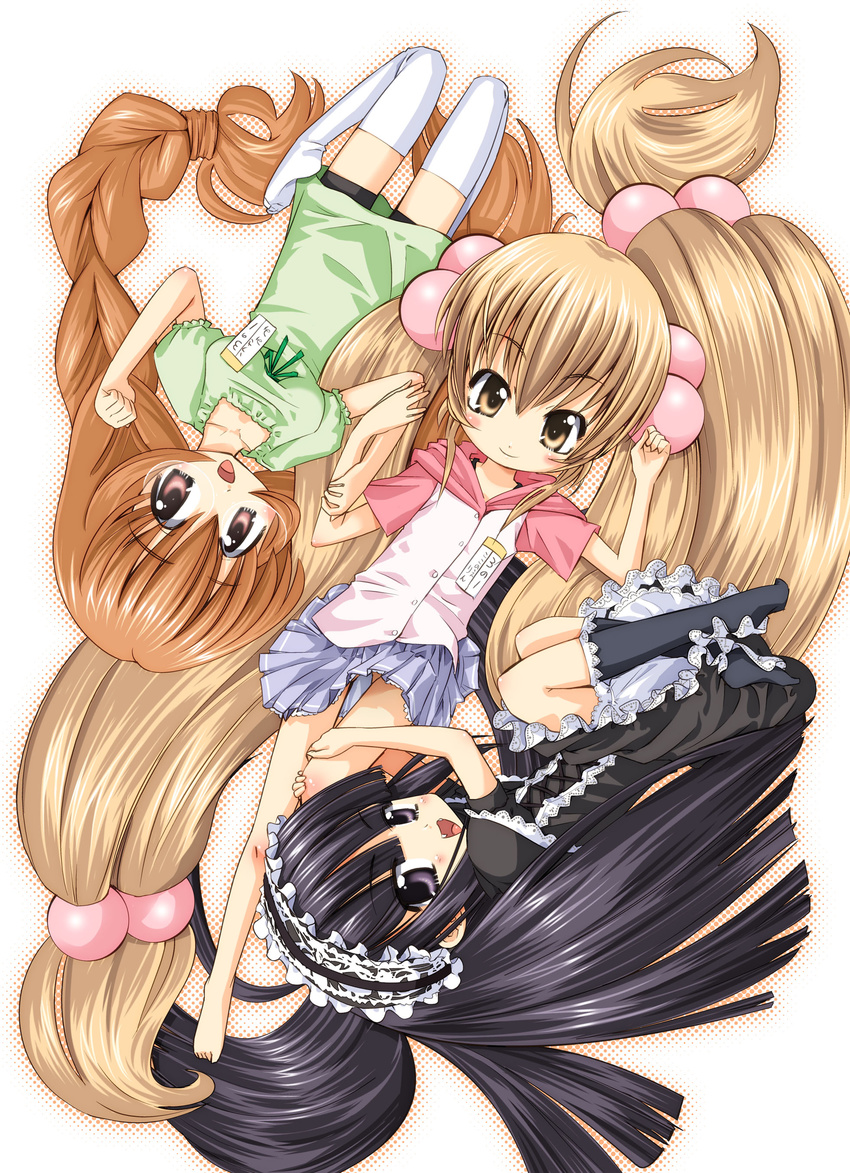 absurdres barefoot bike_shorts black_eyes black_hair blouse braid brown_eyes brown_hair child dress fang fetal_position frilled_dress frills glasses gothic_lolita hair_bobbles hair_ornament hairband highres hood hoodie kagami_kuro kneehighs kodomo_no_jikan kokonoe_rin light_brown_hair lolita_fashion long_hair multiple_girls name_tag pink_eyes skirt socks thighhighs twin_braids twintails upside-down usa_mimi very_long_hair yamazaki_mitsuru